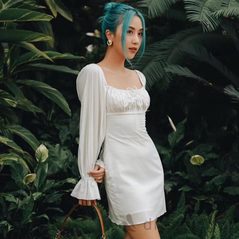 Đầm cổ vuông dài tay thiết kế dây thắt trước ngực thời trang nữ | BigBuy360 - bigbuy360.vn