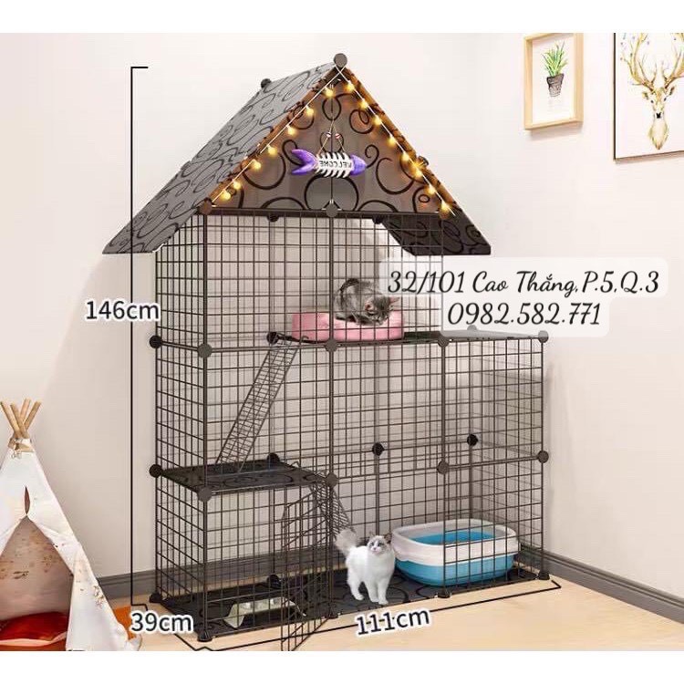 chuồng mèo 2 tầng có mái che lắp ghép lưới sắt đẽ lắp ghép tiện dụng giá rẻ tiết kiệm không gian nhà
