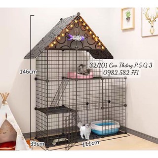 (Có nệm + khay cát) chuồng mèo 2 tầng có mái che lắp ghép lưới sắt đẽ lắp ghép tiện dụng tiết kiệm không gian nhà