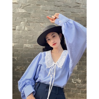 sơmi sọc xanh cổ ren