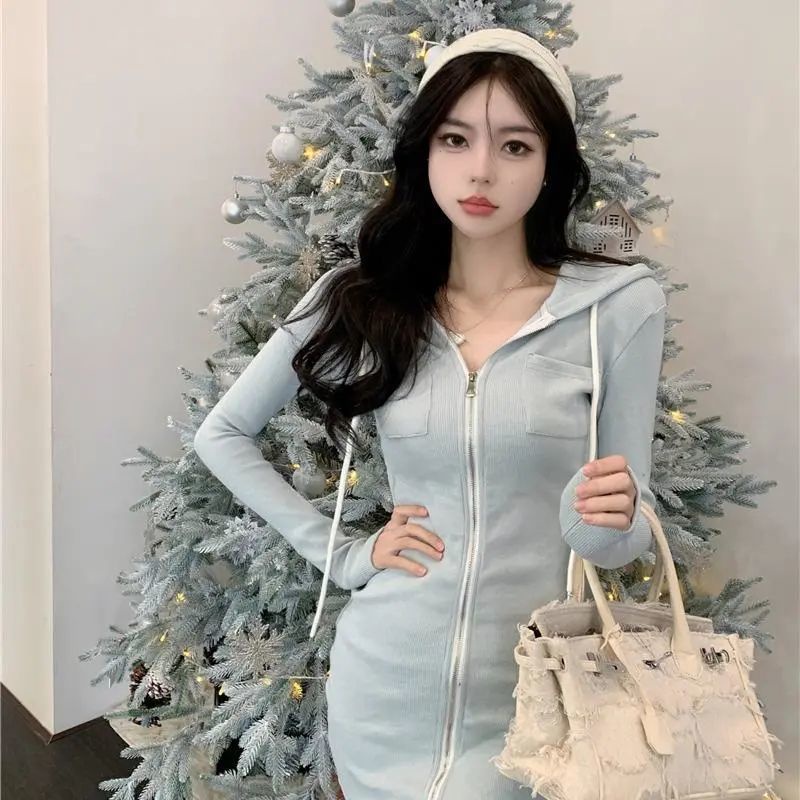 COZOK Đầm Dài Tay Có Mũ Phối Dây Rút Thời Trang