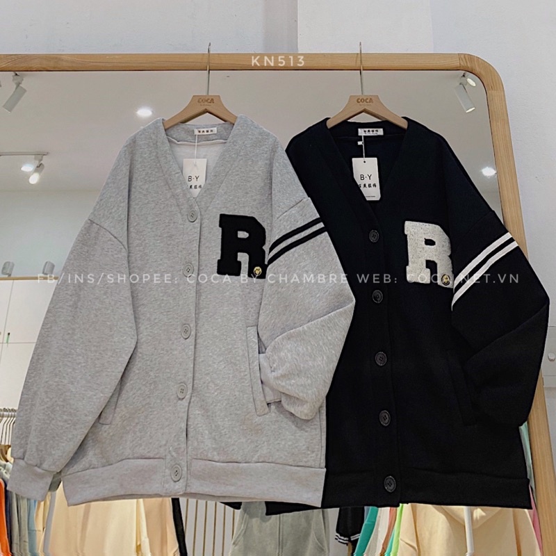 [KN513]🎯 Áo khoác nỉ bông dày chữ R thêu xù sọc tay form rộng unisex (Có sẵn/ảnh thật) | BigBuy360 - bigbuy360.vn