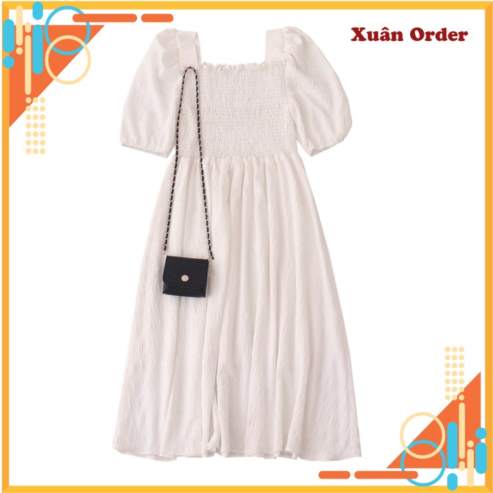 (Order 7-12 ngày) Váy cổ tích mùa hè phong cách mới cổ điển Váy cổ vuông váy dài giữa với túi - Xuân Order