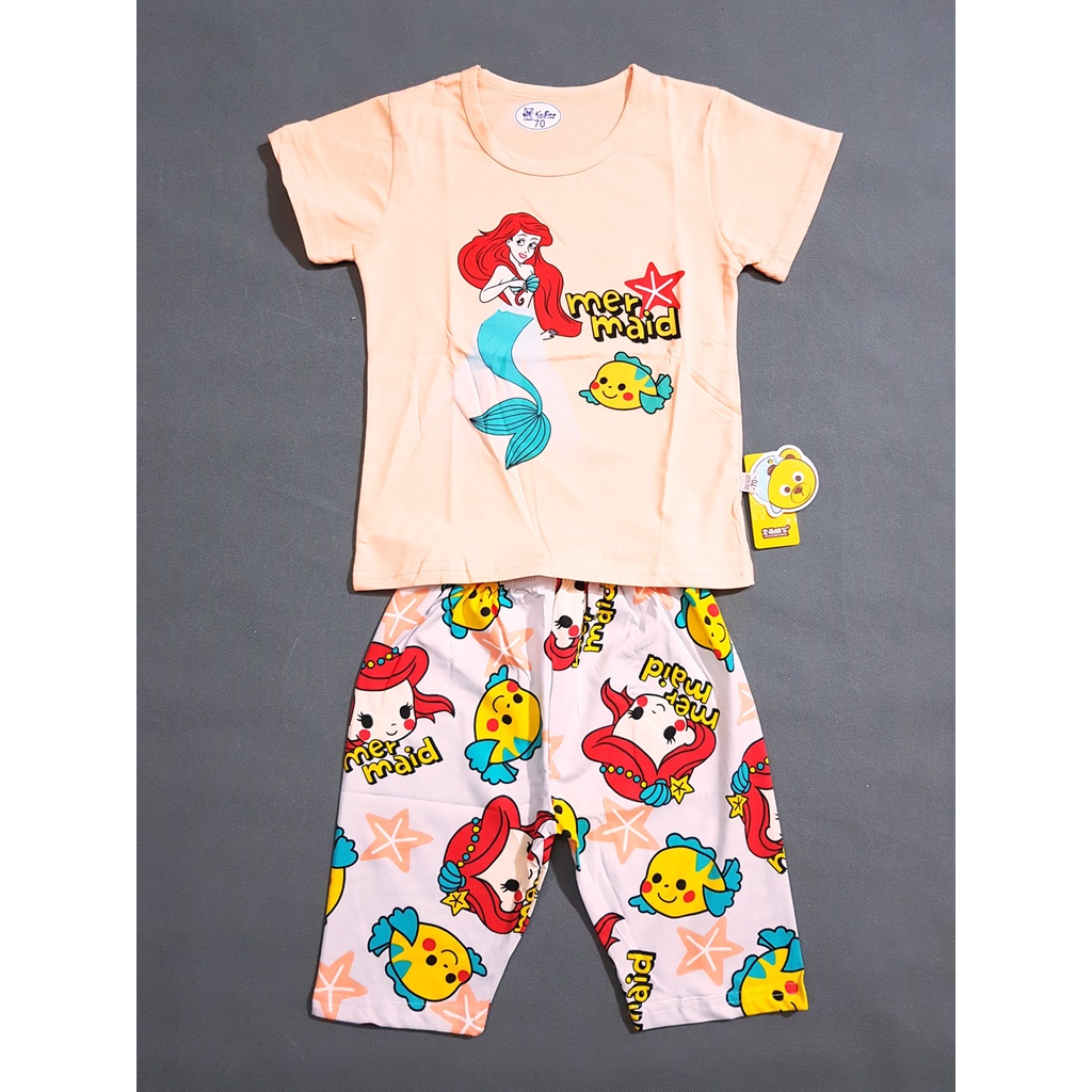 Bộ thun cotton mát mẻ mùa hè in nàng tiên cá ariel cho bé gái