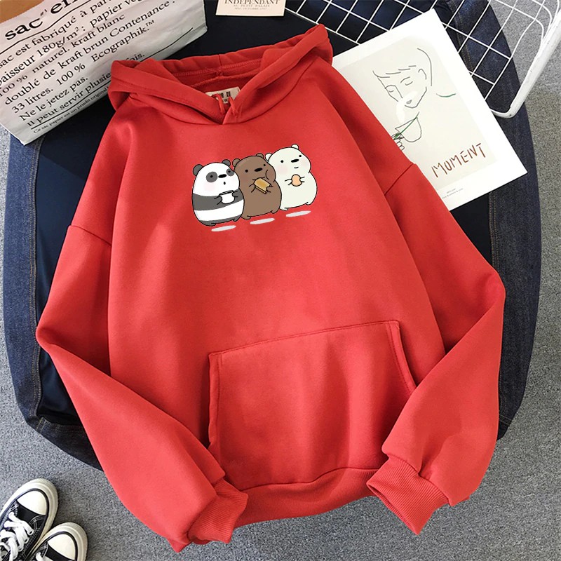 Áo Hoodie Nữ form rộng 💝Cotton Nỉ da cá (Kèm hình thật chất áo có Logo Thương hiệu) 💝3 chú Gấu BEAR đang ăn