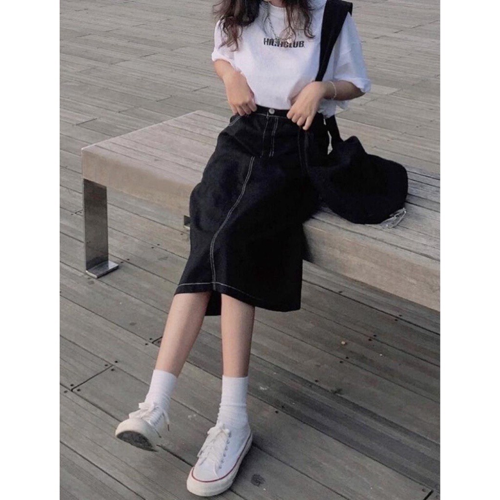 Chân váy midi viền chỉ nổi giả jeans Ulzzang cạp chun xẻ sau - chân váy nữ lưng cao dáng dài phong cách Hàn Quốc Okélla