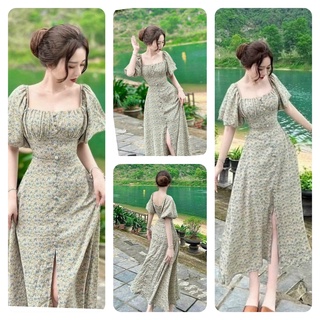 Đầm maxi đi chơi du lịch hoa tay phồng nút tôn dáng