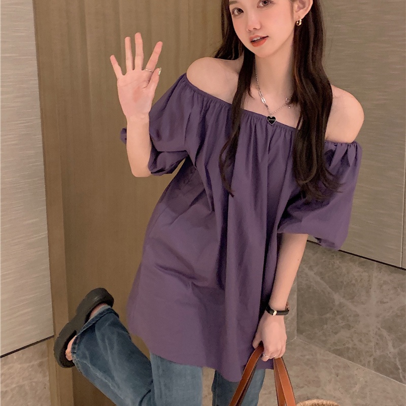 SUXI Áo Kiểu Trễ Vai Tay Phồng Dáng Rộng Màu Trơn Thời Trang Mùa Hè Dễ Phối Đồ Cho Nữ