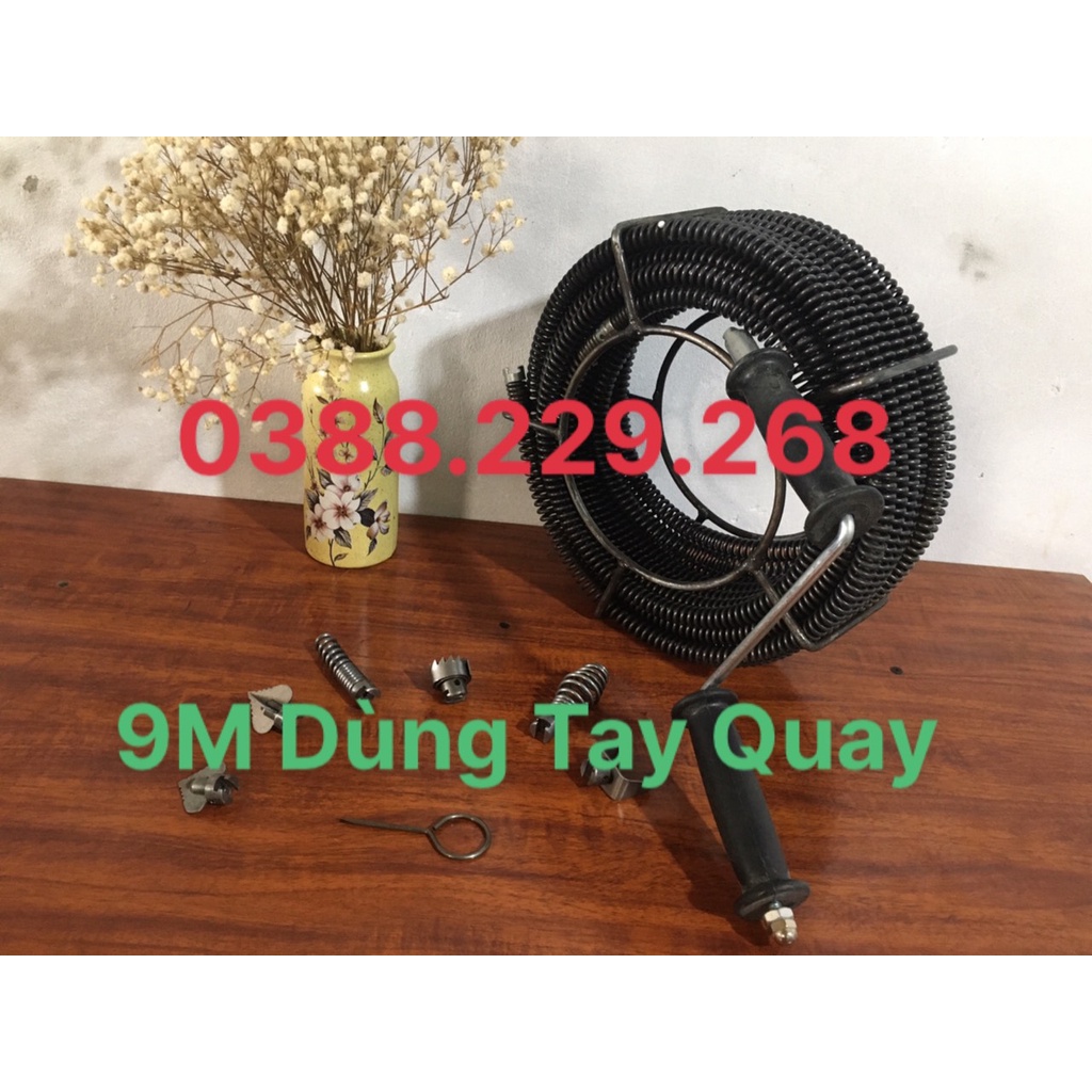 dây thông tắc cống 9m + 6 đầu thông + 1 tay quay , dây thông cống, dây thông tắc vệ sinh,thông bồn cầu, dây lò xo