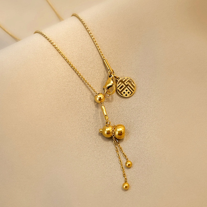 Dây chuyền titan nữ TITAN NGUYÊN CHẤT 18k vàng Lucky Pumpkin Tua &quot;Fu&quot; Vòng cổ bằng thép không gỉ Trang sức cho phụ nữ
