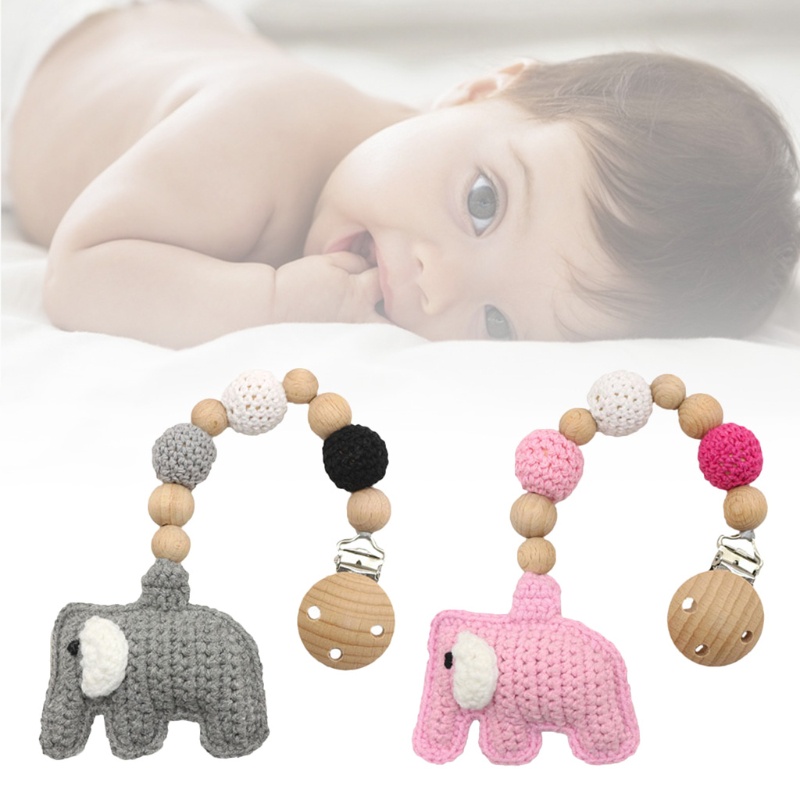 Giá Đỡ Núm Vú Giả / Núm Vú Giả Bằng Chuỗi Hạt Gỗ Hình Chú Voi Dễ Thương DIY Không BPA Dành Cho Bé Mọc Răng