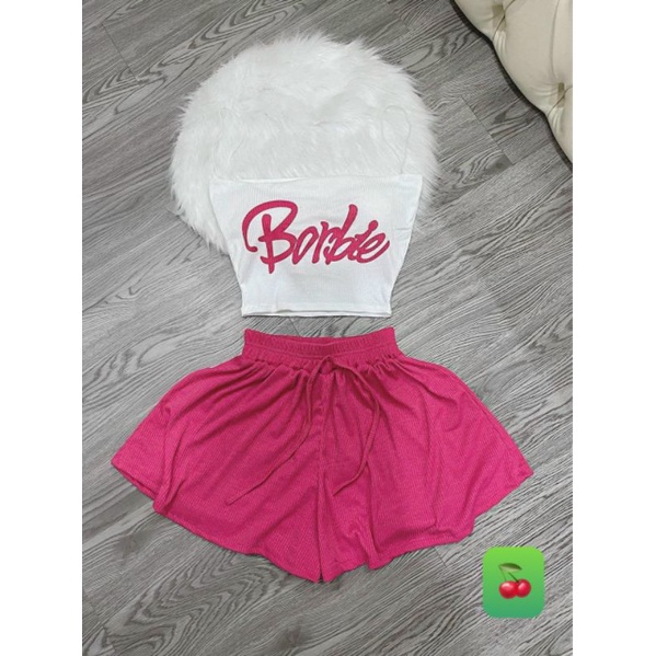 Set bộ mặc nhà 2 dây in chữ Barbie siêu cưng
