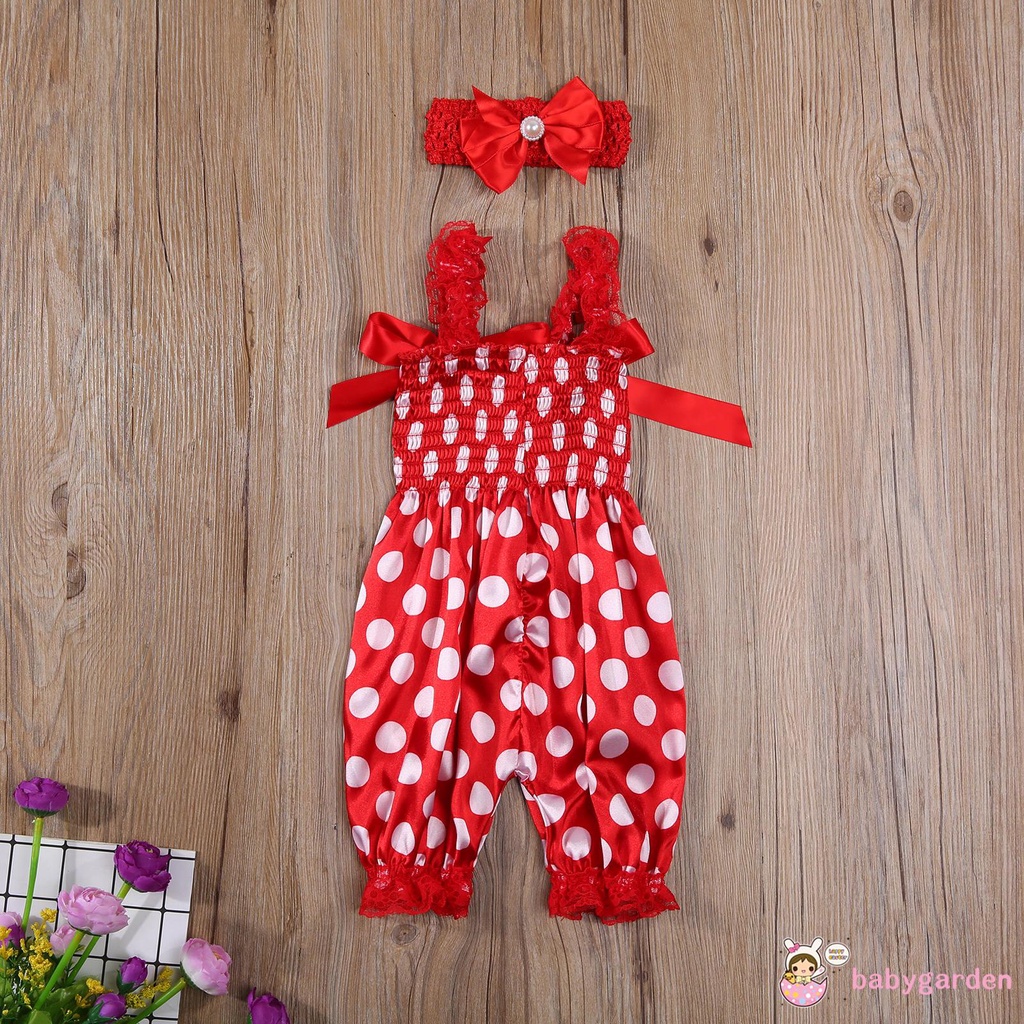 Áo Liền Quần Chấm Bi Và Băng Đô Nơ Cho Bé