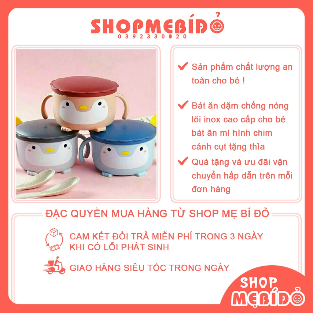 Bát Ăn Dặm Chống Nóng Lõi Inox Cao Cấp Cho Bé Bát Ăn Mì Hình Chim Cánh Cụt Tặng Thìa Shop Mẹ Bí Đỏ