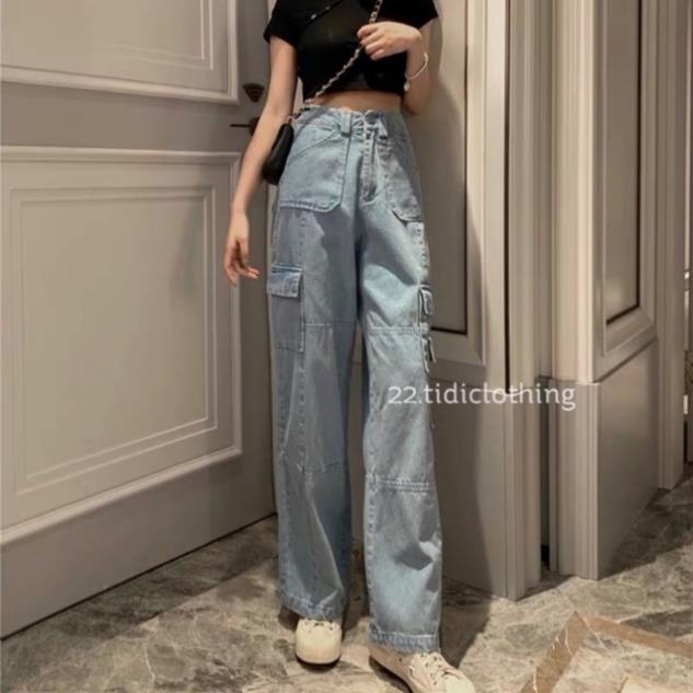 Quần jean ống suông culottes ulzzang phối túi hộp / quần bò ống rộng baggy form dài lưng cao ! /