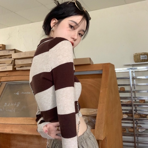 【ZHELIHANGFEI】Áo Dệt Kim Tay Dài Cổ Bẻ Họa Tiết Kẻ Sọc Thời Trang Cho Nữ