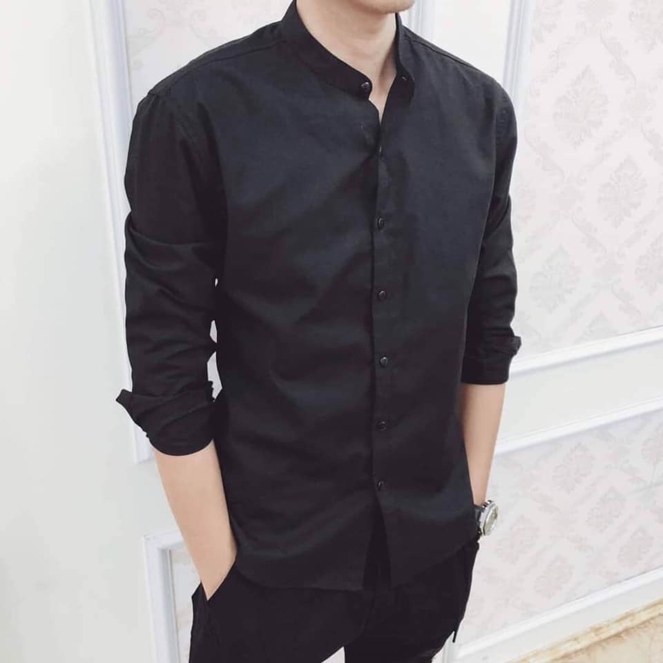 sơ mi nam cổ tàu chất liệu lụa thái cao cấp màu đen và màu trắng vải bóng nhẹ mềm mặc mát không nhăn | BigBuy360 - bigbuy360.vn