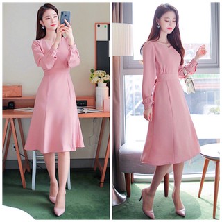 Đầm váy freesize hồng cổ V thắt nơ