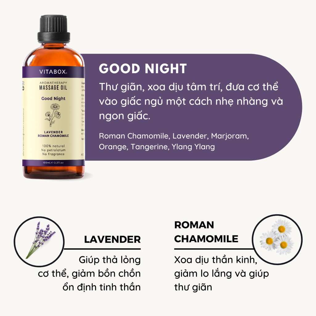 Dầu massage body VITABOX aromatherapy massage oil mát xa thư giãn, thải độc, ngủ ngon từ dầu nền và tinh dầu thiên nhiên