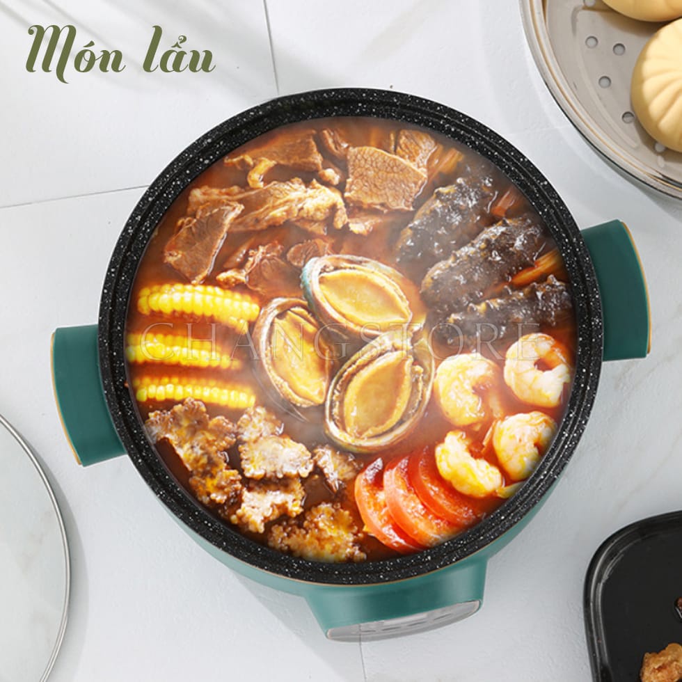 Nồi Lẩu Điện Đa Năng Chống Dính Vân Đá Electric Cooker Pot Shanban 24cm Kèm Hấp Inox