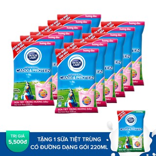 Combo 12 gói sữa tiệt trùng Cô Gái Hà Lan Dâu 220ML Tặng 1 Sữa tiệt trùng CGHL Có đường dạng gói 220ML [HSD: 8/4/2019]