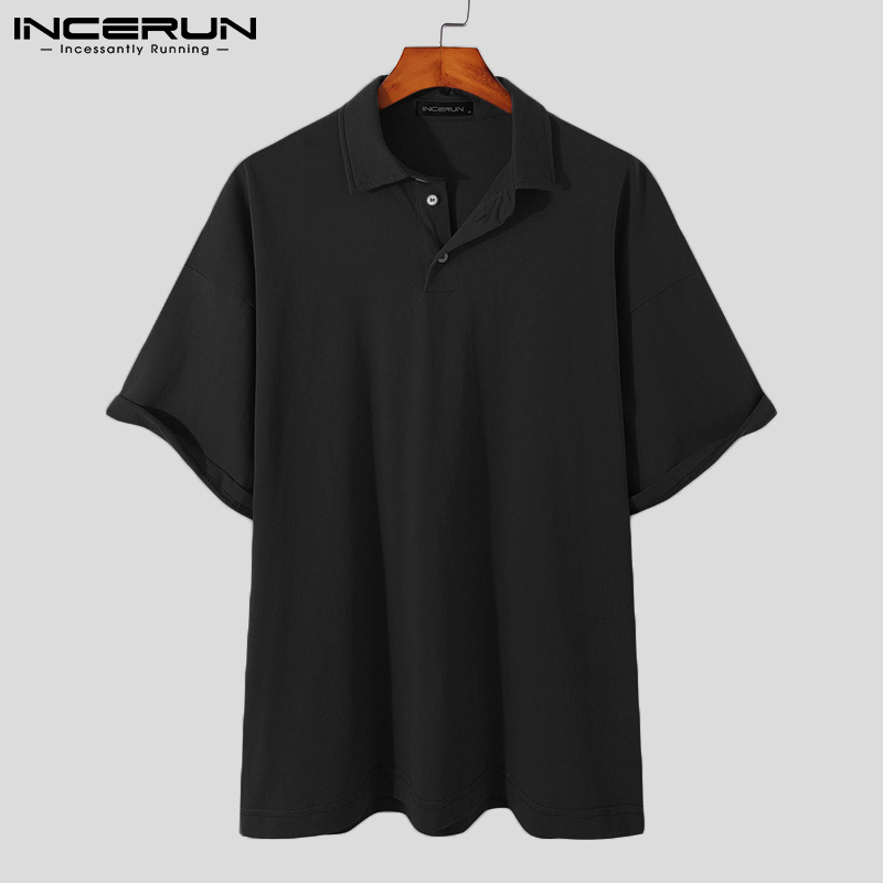 Áo INCERUN Cotton Tay Ngắn Màu Trơn Cổ Bẻ Thời Trang Đơn Giản Cho Nam