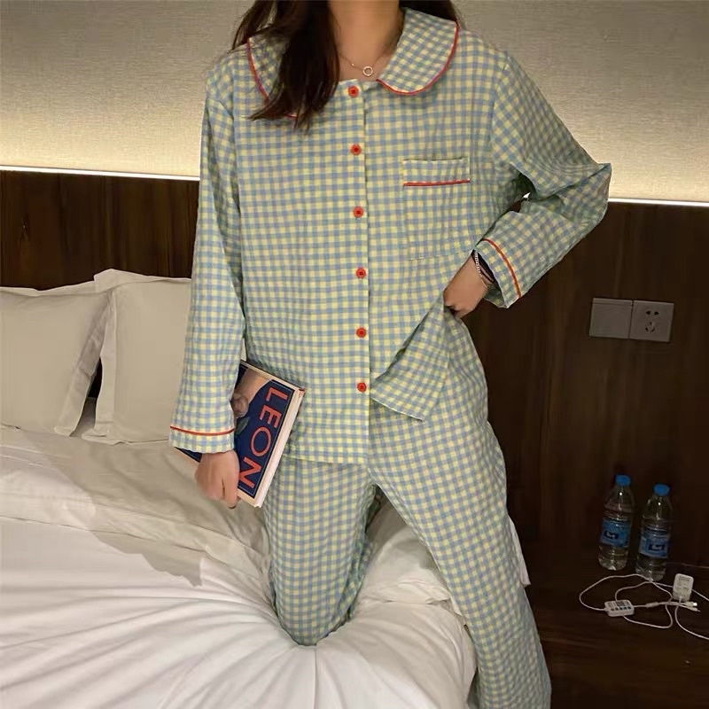 Bộ đồ ngủ pyjama mặc nhà sọc caro xanh viền đỏ siêu đáng yêu | BigBuy360 - bigbuy360.vn