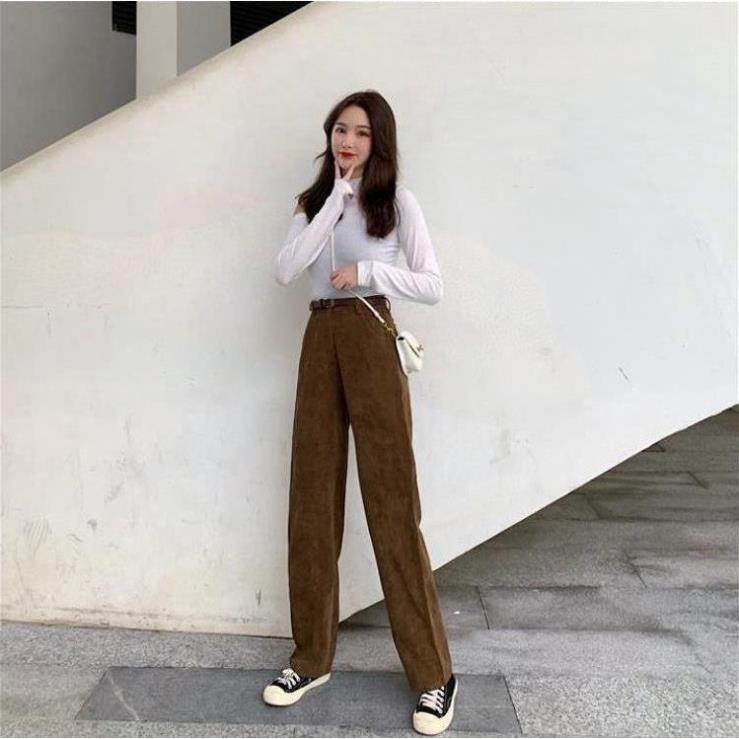 Quần Baggy Nữ ANOKO, Quần Baggy lưng thun sau cạp cao công sở đẹp thời trang vải nhung tăm 2 màu đen nâu freesize A019 | BigBuy360 - bigbuy360.vn