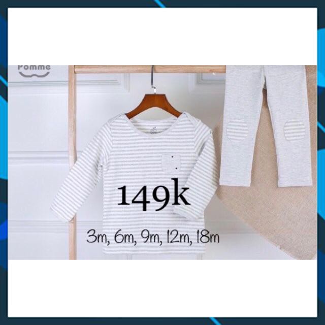 [Sale 149k] SL044 - Bộ quần áo trẻ em dài tay kẻ đáp gối chất liệu cotton La pomme hai màu xanh, hồng - size từ 0-4 tuổi