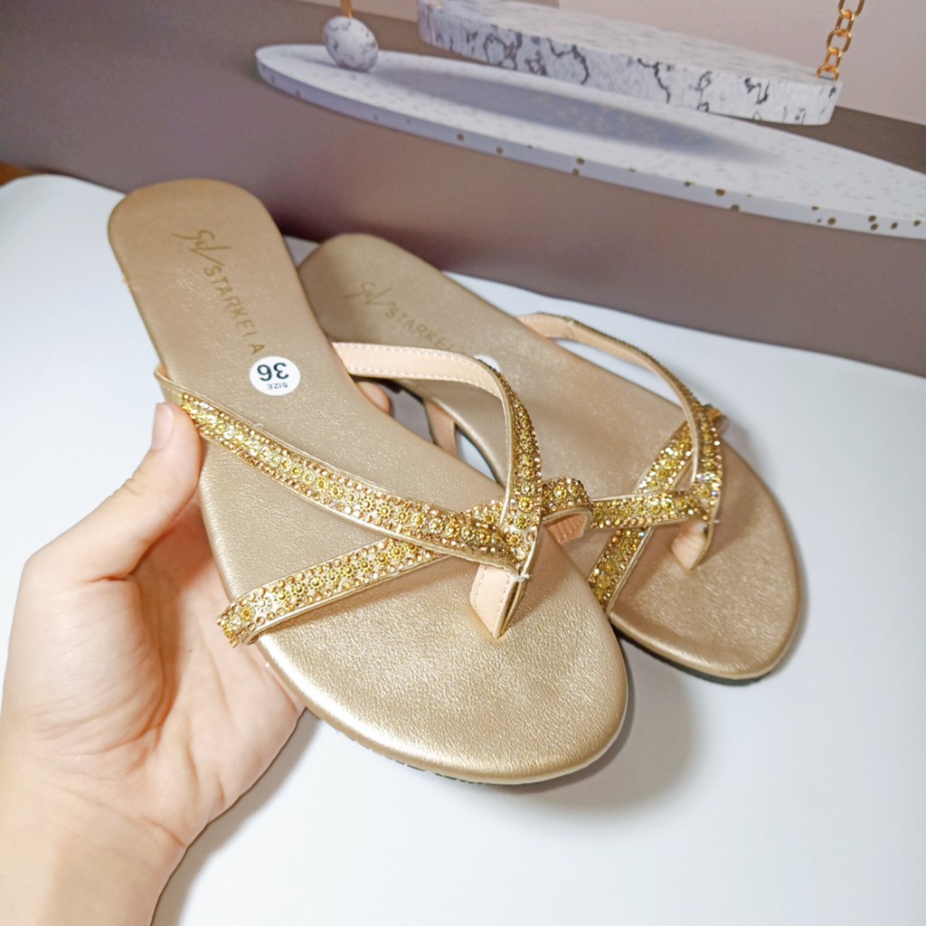 Dép kẹp mũi tròn đính đá lót nhũ đế dẻo xịn  Mys Rosa Factory đ-0266