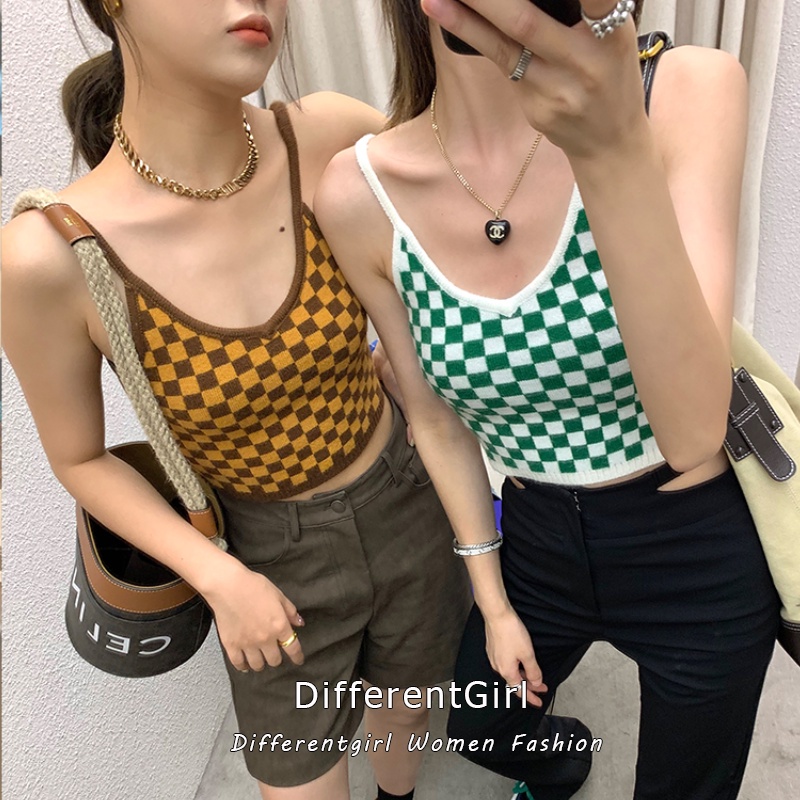 Áo lửng dệt kim cổ chữ V họa tiết sọc caro sành điệu cho nữ | BigBuy360 - bigbuy360.vn