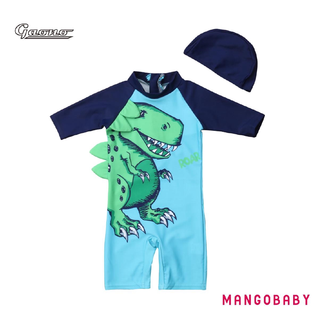 Set đồ bơi in hình khủng long kèm mũ bơi cho bé trai