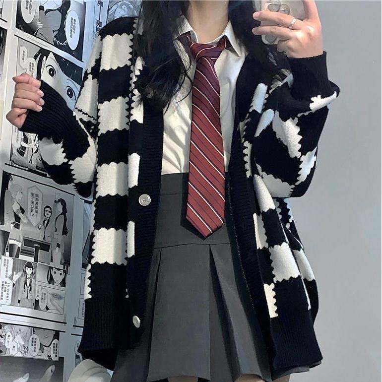Áo len nữ dài tay cổ tròn sọc ca rô thời trang Hàn