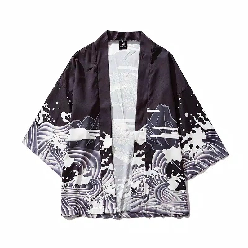 Áo Khoác Kimono In Hình Rồng Trắng Đen Phong Cách Nhật Bản