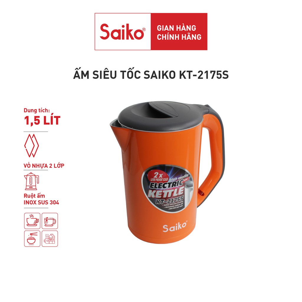 [Hàng chính hãng] Ấm siêu tốc 2 lớp 1.7L công suất 1800W Saiko KT-2175S