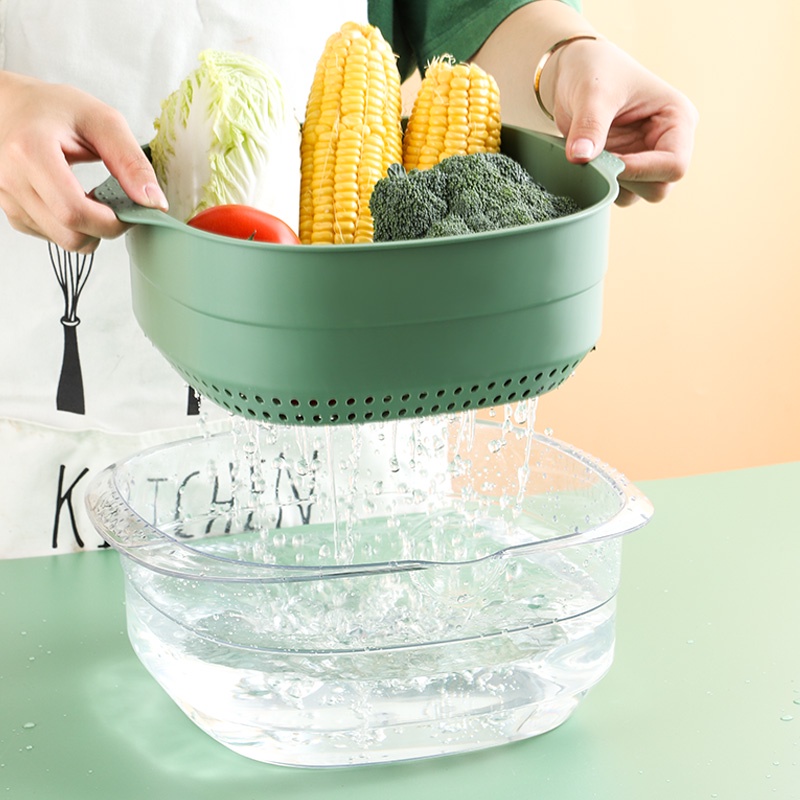 Rổ nhựa đựng đồ kèm chậu thau DandiHome rửa rau củ đựng hoa quả trái cây 2 lớp siêu cứng siêu bền