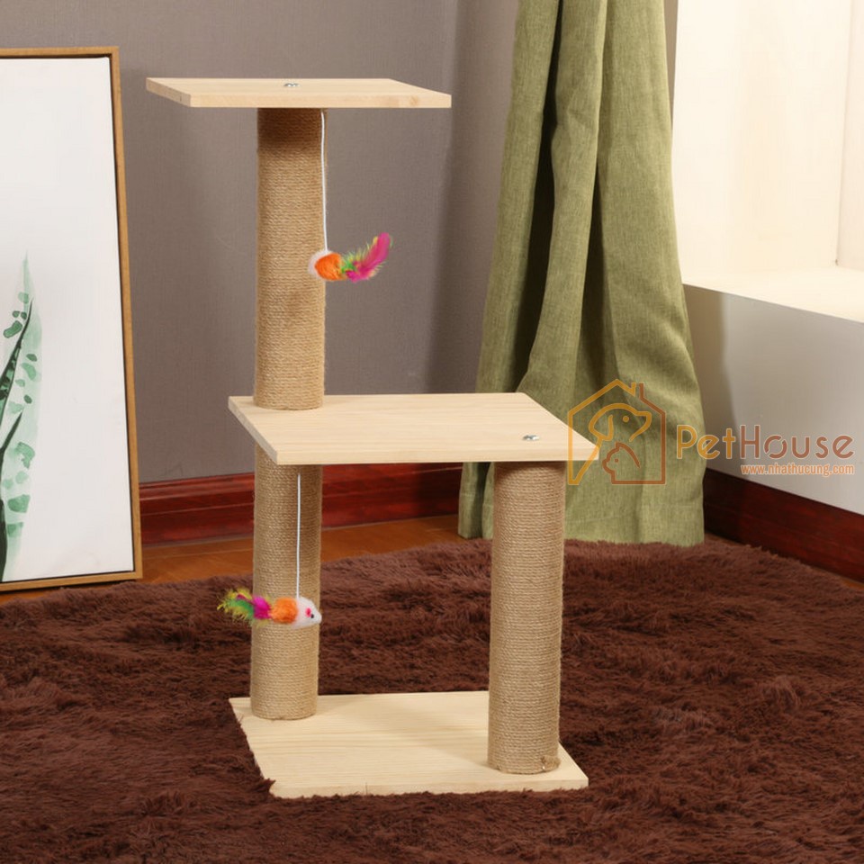 Trụ cào móng cho mèo gỗ thông tự nhiên, bàn cào móng pethouse chân trụ cao 40 cm