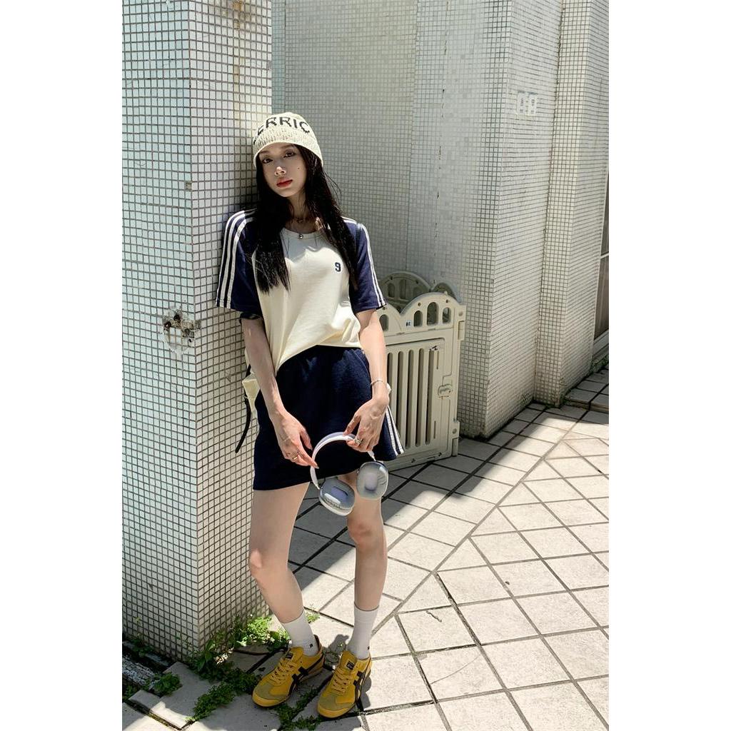 Áo Thun / Váy Ngắn Tay Thêu Chữ Màu Tương Phản Phong Cách Preppy 66013