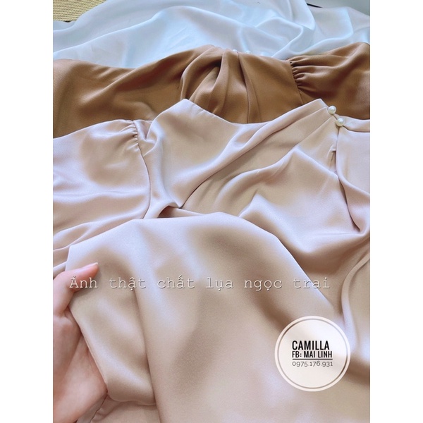 ⚡️BÁN SỈ⚡️Áo sơmi lụa nhún vai cúc ngọc 2 màu be nâu