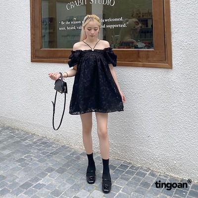 TINGOAN® - Áo babydoll bồng 3 lớp mặc được 2 kiểu vân hoa đen kèm chi tiết đính cúc ngọc MINI HEART TOP/BL