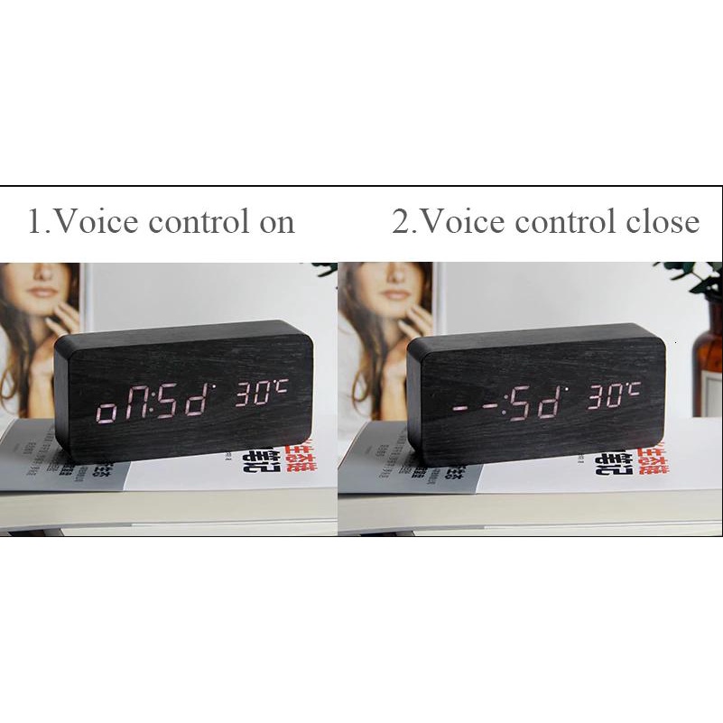 Đồng Hồ Gỗ Để Bàn Đèn LED Siêu Đẹp - Báo Thức/ Nhiệt Độ Phòng/ Cảm Ứng Âm Thanh