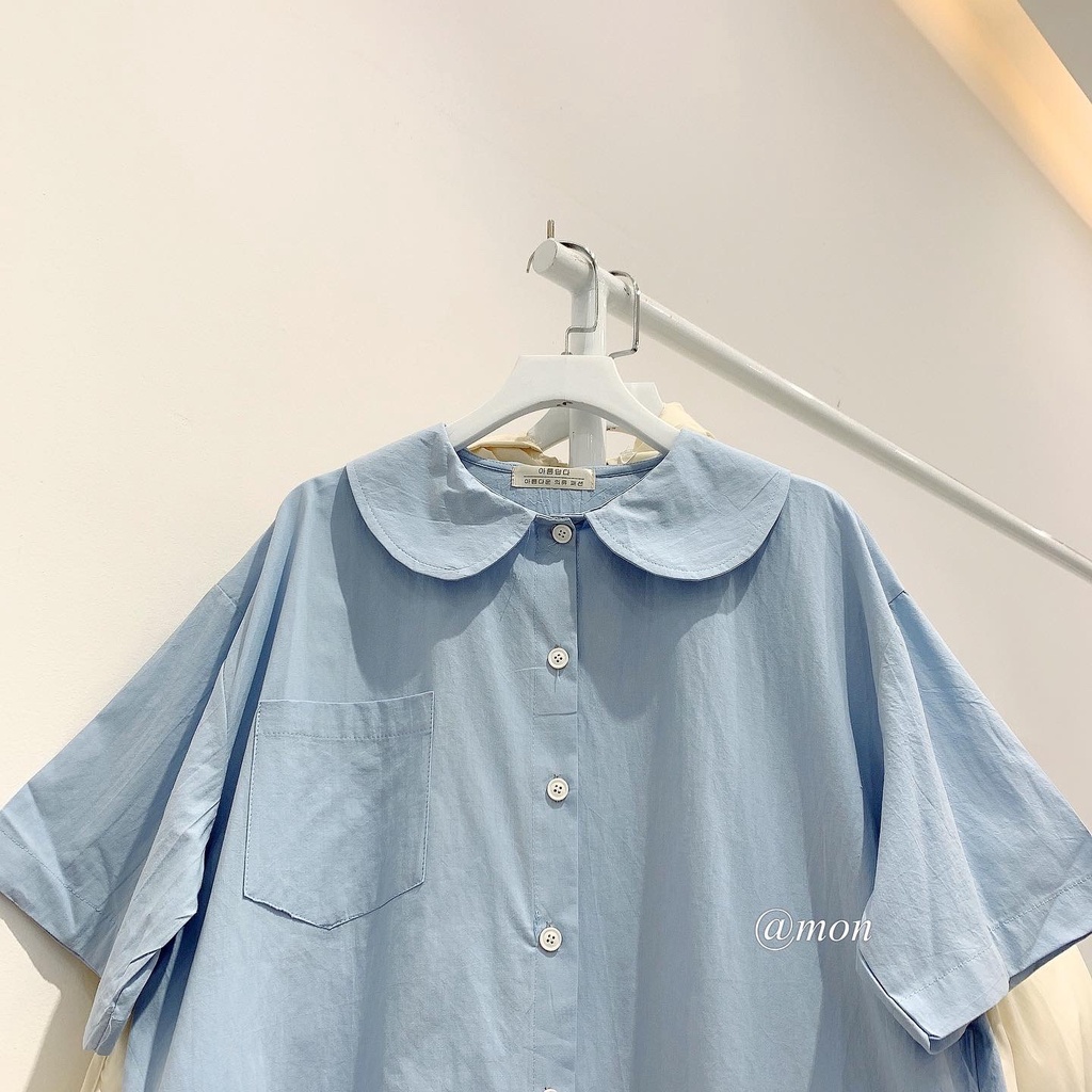 2101646 Áo sơ mi nữ - áo sơ mi cộc tay tiểu thư cổ tròn chất đũi thô mềm mát freesize 2 màu thời trang ulzzang | BigBuy360 - bigbuy360.vn
