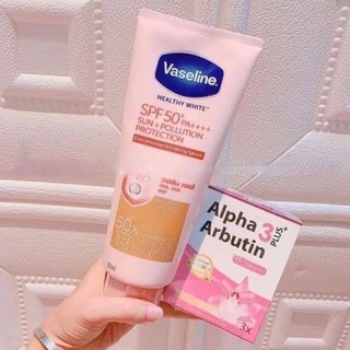 Tuýp dưỡng thể Vasaline x50 và túi bột kích trắng Alpha Arbutin..