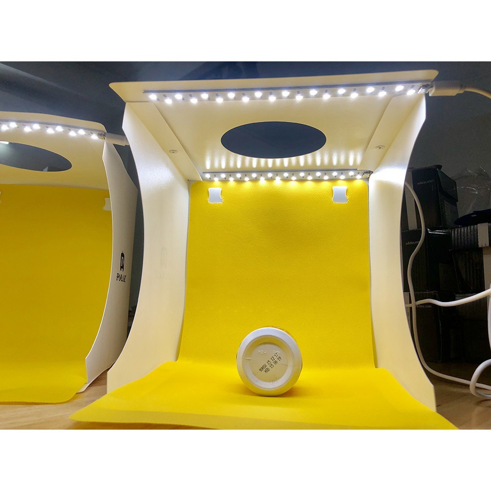 Hộp Chụp Hình Sản Phẩm PULUZ 20x20cm 2 dãy đèn Led siêu sáng + Tặng kèm 6 phông nền