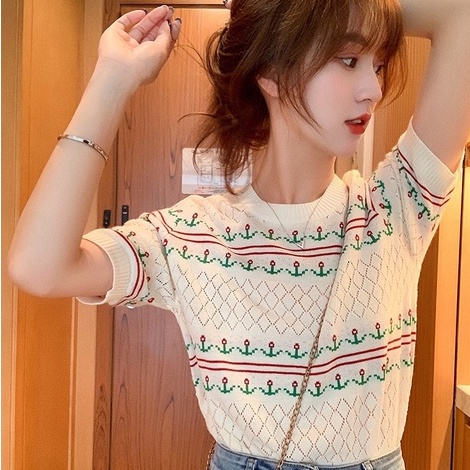 Áo dệt kim ZHELIHANGFEI ngắn tay thêu họa tiết xinh xắn thời trang