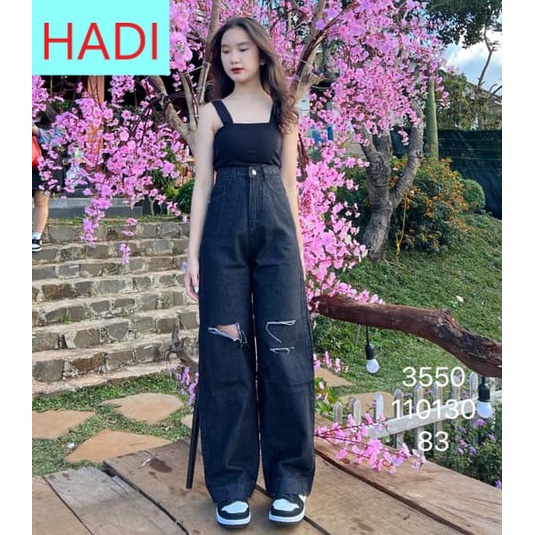 [ ÂN TÌNH ] QUẦN JEANS ỐNG RỘNG NỮ LƯNG CAO RÁCH VẠT PHẢI 2 SỌC TRÁI MÀU XÁM ĐẬM LAI CUỐN CAO CẤP HADI CỰC THỜI TRANG