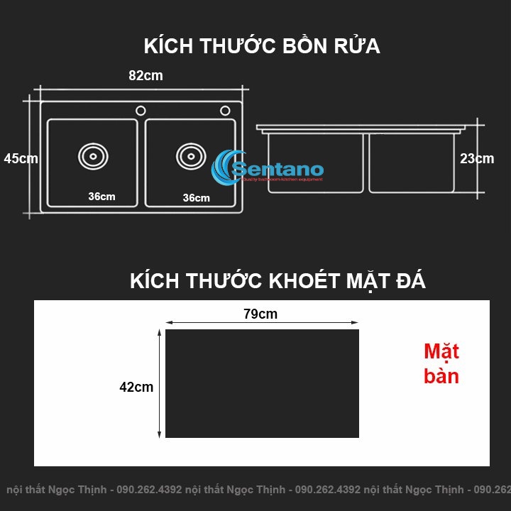 [DÒNG PLUS LOẠI 1] Chậu rửa chén đúc liền 2 HỘC CÂN Sentano Plus SC-12 8245TC 2 hố 100% inox 304