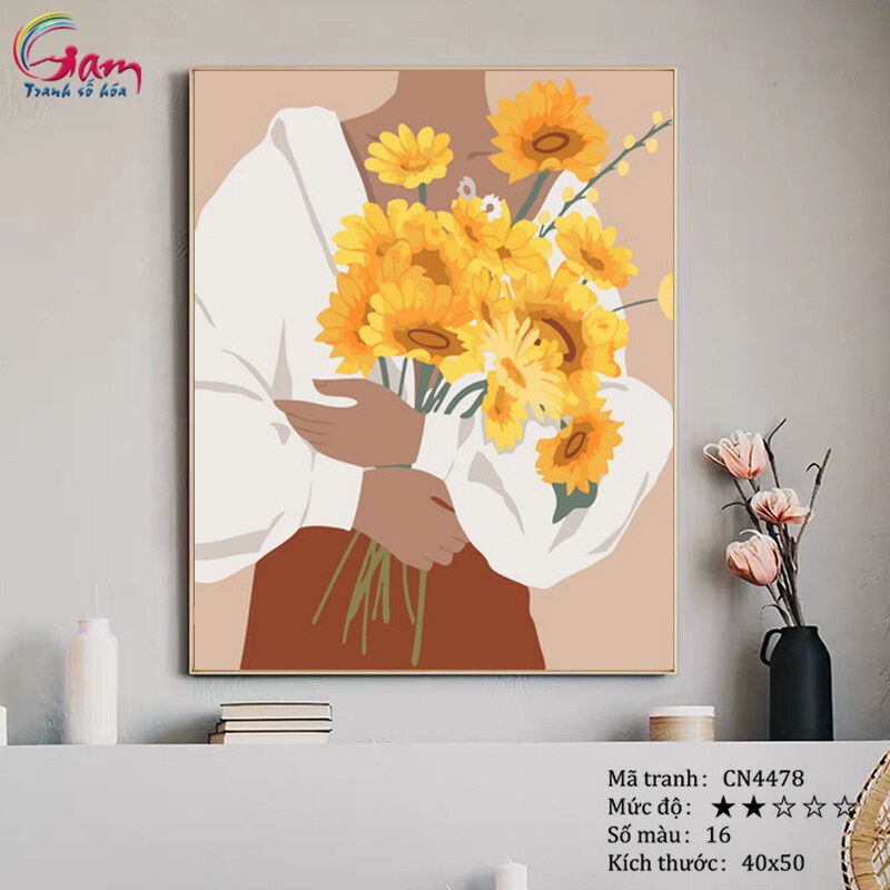 Tranh tô màu theo số Gam cô gái hoa hướng dương CN4478 40x50cm đã căng khung