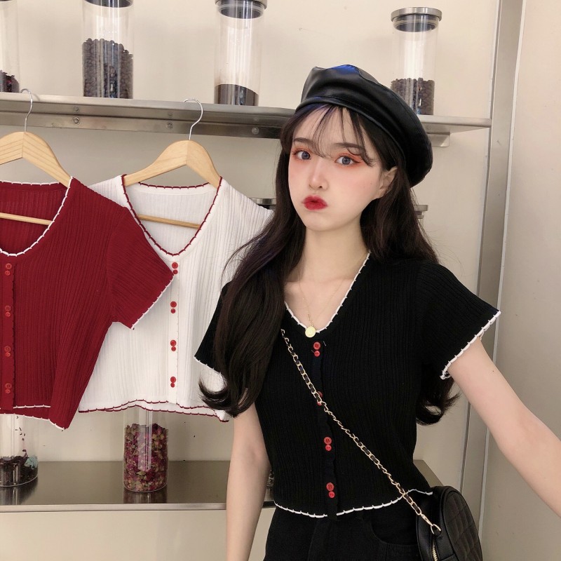 Áo len tăm dệt kim ngắn tay cổ tim phối khuy phong cách ulzzang Hàn Quốc A07 - Peyy Clothing