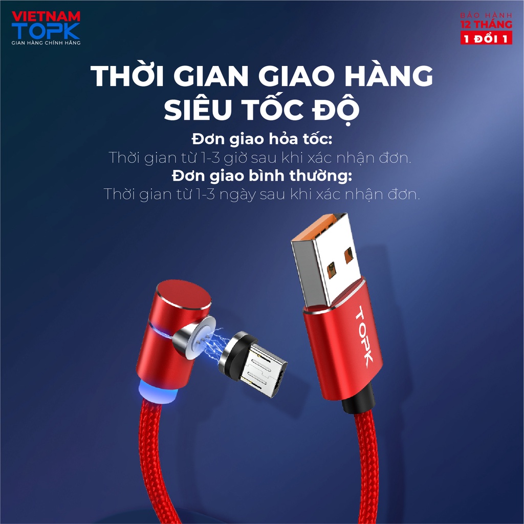 Dây sạc nam châm, đầu nối vuông góc TOPK AM69 Sạc nhanh QC 3.0 dài 1m, dùng cho điện thoại - Hàng chính hãng